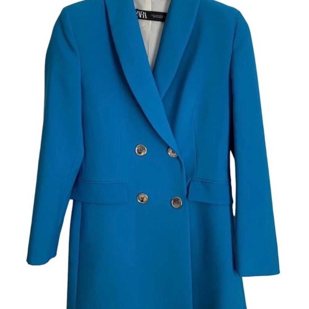 Zara Bright Blue Double-Breasted Wool-Blend Coat
